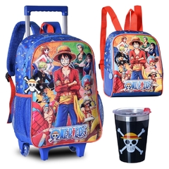 Kit Mochila Rodinhas Lancheira e Copo Térmico ONE PIECE