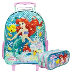 Kit Mochila Rodinhas e Estojo Pequena Sereia Ariel Disney