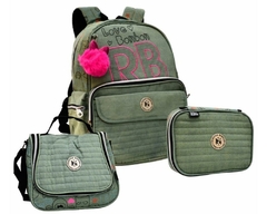 KIT MOCHILA 3164 LANCHEIRA ESTOJO JEANS VERDE REBECCA BONBON