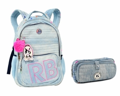 Kit Mochila e Estojo Jeans REBECCA BONBON RB3200 Azul Claro