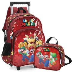 Kit Mochila Rodinhas e Lancheira SUPER MARIO Luxcel Vinho