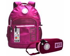 KIT MOCHILA DE COSTAS E ESTOJO EM NYLON ROSA BT21 OFICIAL