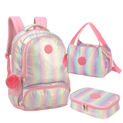 Kit Mochila de Costas Oficial BARBIE Metalizado Rosa Luxcel