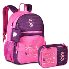 Kit Mochila de Costas e Estojo Oficial LULUCA Roxo com Rosa