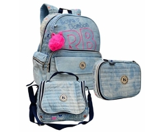 KIT MOCHILA JEANS REBECCA BONBON RB3164 AZUL CLARA LANCHEIRA E ESTOJO BOX