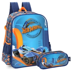 Kit Mochila Infantil Costas e Estojo HOT WHEELS Luxcel Azul