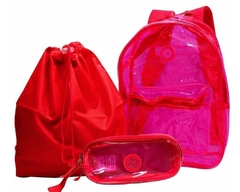 KIT MOCHILA NEON TRANSPARENTE COM BOLSA REMOV E ESTOJO ROSA