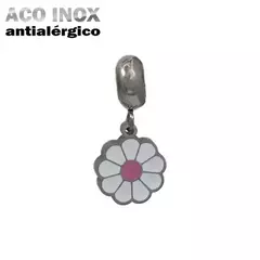 BERLOQUE EM AÇO INOX / FLORZINHA BRANCA COM ROSA