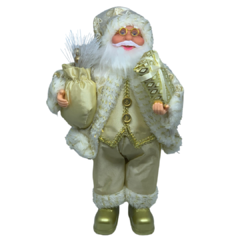 Boneco de Papai Noel para Decoração com roupa de luxo dourada com branco e bege champanhe | Enfeite natalino de Natal 2022 luxo de sala final do ano | Papai Noel realista segurando saco com presentes árvore e frutas silvestres com roupa de lã renda veludo