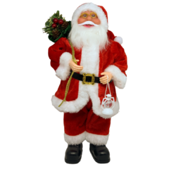 Boneco de Papai Noel para Decoração com tradicional vermelho da noite de natal | Enfeite natalino de Natal 2022 luxo de sala final do ano | Papai Noel realista segurando saco verde de presentes e frutas silvestres com roupa de lã e de pele chique