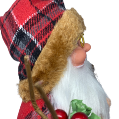 Boneco de Papai Noel para Decoração rústica com roupa preto e vermelha xadrez | Enfeite natalino de Natal 2022 luxo de sala final do ano | Papai Noel realista segurando lenha e saco com presentes árvore e frutas silvestres com roupa de lã e de pele