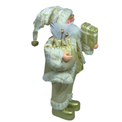 Boneco de Papai Noel para Decoração com roupa de luxo dourada com branco e bege champanhe | Enfeite natalino de Natal 2022 luxo de sala final do ano | Papai Noel realista segurando saco com presentes árvore e frutas silvestres com roupa de lã renda veludo