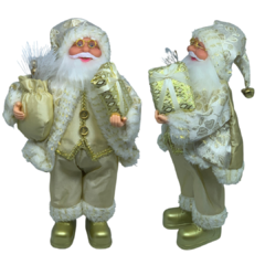 Boneco de Papai Noel para Decoração com roupa de luxo dourada com branco e bege champanhe | Enfeite natalino de Natal 2022 luxo de sala final do ano | Papai Noel realista segurando saco com presentes árvore e frutas silvestres com roupa de lã renda veludo