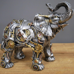 Confira essa escultura estatueta Elefante Estilo robô, acabamento da estátua de resina cor prata envelhecida com engrenagens aparentes em bronze e dourado . Elefante decorativo moderno prateado com parafusos e eletrônico . Ótima ideia para presentear com 