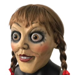 Mascara Realista Annabelle com cabelo comprido de tranças e laço e olhos de acrílico - Filme Invocação do Mal . Para colecionadores Máscara de filme terror Halloween Dia das Bruxas  Cosplay  Carnaval  Fantasia. Edição de luxo