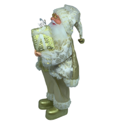 Boneco de Papai Noel para Decoração com roupa de luxo dourada com branco e bege champanhe | Enfeite natalino de Natal 2022 luxo de sala final do ano | Papai Noel realista segurando saco com presentes árvore e frutas silvestres com roupa de lã renda veludo