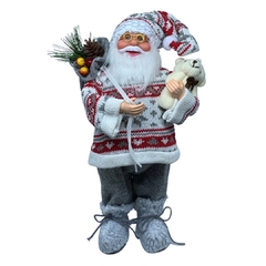 Boneco de Papai Noel para Decoração de Natal com blusa de tricot lã e botas de pele| Enfeite trico natalino de Natal 2022 luxo de sala final do ano | Papai Noel realista vermelho cinza e branco segurando saco segurando ursinho com presentes árvore e fruta