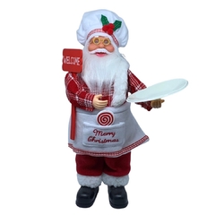 Boneco de Papai Noel Chef de Cozinha Mestre Cuca para Decoração de natal  segurando bandeja e usando avental e chapéu de cozinheiro | Enfeite natalino de Natal 2022 luxo de sala final do ano | Papai Noel realista vermelho com roupa de lã e de pele chique