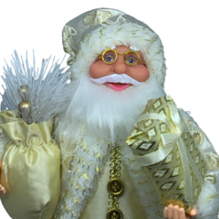 Boneco de Papai Noel para Decoração com roupa de luxo dourada com branco e bege champanhe | Enfeite natalino de Natal 2022 luxo de sala final do ano | Papai Noel realista segurando saco com presentes árvore e frutas silvestres com roupa de lã renda veludo