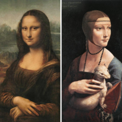 Estatueta de Monalisa e Dama com Arminho de Leonardo da Vinci de resina. Ar contemporâneo e descolado. Menina Garota nórdica com gato gatinho . Boneca Mona Lisa com lacinho . Estátua estatueta com bola bolinha de goma de mascar chiclete de olhos fechados 