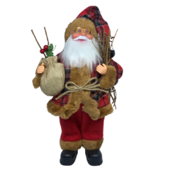 Boneco de Papai Noel para Decoração rústica com roupa preto e vermelha xadrez | Enfeite natalino de Natal 2022 luxo de sala final do ano | Papai Noel realista segurando lenha e saco com presentes árvore e frutas silvestres com roupa de lã e de pele