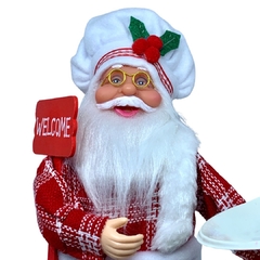 Boneco de Papai Noel Chef de Cozinha Mestre Cuca para Decoração de natal  segurando bandeja e usando avental e chapéu de cozinheiro | Enfeite natalino de Natal 2022 luxo de sala final do ano | Papai Noel realista vermelho com roupa de lã e de pele chique