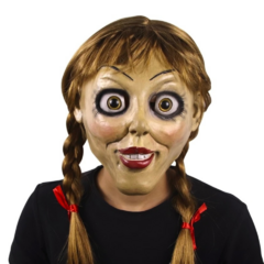 Mascara Realista Annabelle com cabelo comprido de tranças e laço e olhos de acrílico - Filme Invocação do Mal . Para colecionadores Máscara de filme terror Halloween Dia das Bruxas  Cosplay  Carnaval  Fantasia. Edição de luxo