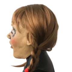 Mascara Realista Annabelle com cabelo comprido de tranças e laço e olhos de acrílico - Filme Invocação do Mal . Para colecionadores Máscara de filme terror Halloween Dia das Bruxas  Cosplay  Carnaval  Fantasia. Edição de luxo