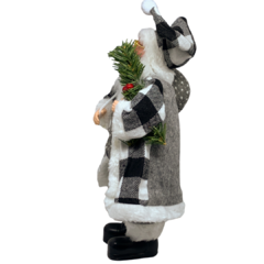 Boneco de Papai Noel para Decoração com roupa cinza preto e branco xadrez | Enfeite natalino de Natal 2022 luxo de sala final do ano | Papai Noel realista segurando saco com presentes árvore e frutas silvestres com roupa de lã e de pele chique