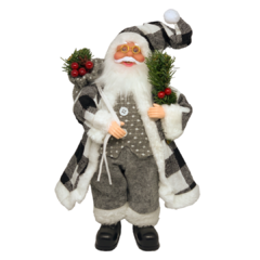 Boneco de Papai Noel para Decoração com roupa cinza preto e branco xadrez | Enfeite natalino de Natal 2022 luxo de sala final do ano | Papai Noel realista segurando saco com presentes árvore e frutas silvestres com roupa de lã e de pele chique