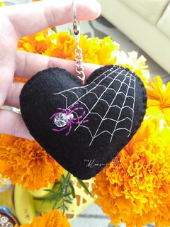 Hand Embroidered Keychain - Black heart with spider