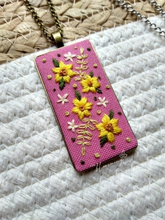 Hand embroidered rectangular pendant - Yellow flowers