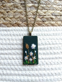 Hand embroidered rectangular pendant - White flower