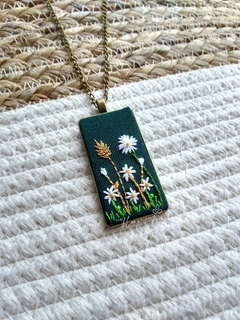 Hand embroidered rectangular pendant - White flower - buy online