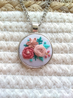 Hand embroidered pendant - Warm Flowers