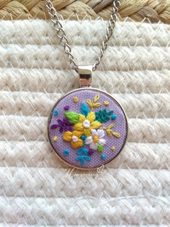 Hand embroidered pendant - White and Yellow Flowers