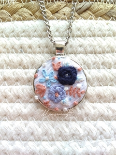 Hand embroidered pendant - Blue flowers