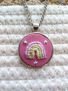 Hand embroidered pendant - Pastel Rainbow