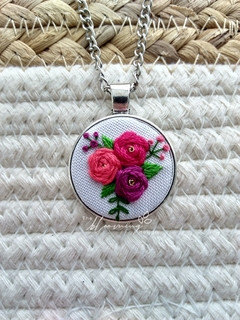 Hand embroidered pendant - Purple Pink and Coral Roses