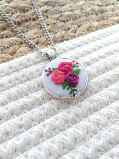 Hand embroidered pendant - Purple Pink and Coral Roses - buy online