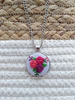 Hand embroidered pendant - Purple Pink and Coral Roses on internet