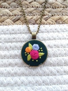 Hand embroidered pendant - Colorful Roses