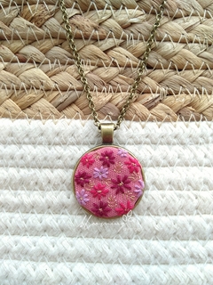 Hand embroidered pendant - Pink toned flowers Gold Leaves