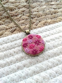 Hand embroidered pendant - Pink toned flowers Gold Leaves - buy online