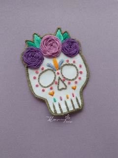 Hand Embroidered Applique - Skull with Purple Flowers - buy online