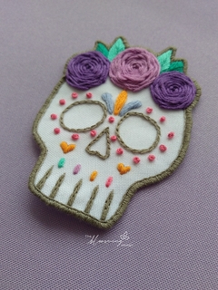 Hand Embroidered Applique - Skull with Purple Flowers on internet