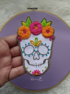 Hand Embroidered Brooch - Skull with Orange Flowers