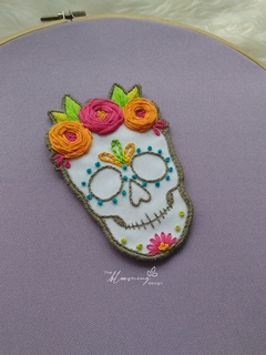 Hand Embroidered Brooch - Skull with Orange Flowers - buy online