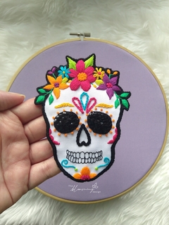 Hand Embroidered Applique - Skull with Colorful Flowers