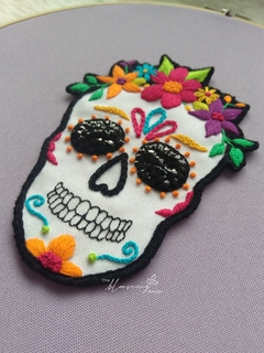 Hand Embroidered Applique - Skull with Colorful Flowers on internet